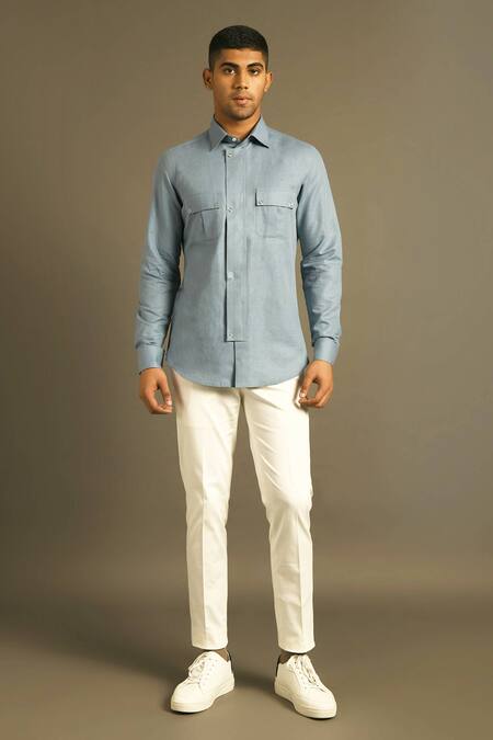 Dhruv Vaish Blue Cotton Linen Shirt Online at Aza Fashions Dhruv Vaish_Blue Cotton Linen Shirt _Online_at_Aza_Fashions