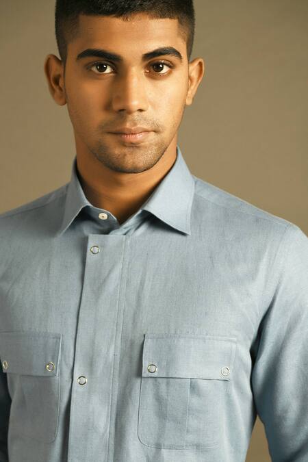 Buy Dhruv Vaish Blue Cotton Linen Shirt Online at Aza Fashions Buy_Dhruv Vaish_Blue Cotton Linen Shirt _Online_at_Aza_Fashions