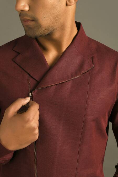 Buy_Dhruv Vaish_Maroon Handloom Cotton Linen Shirt _Online_at_Aza_Fashions