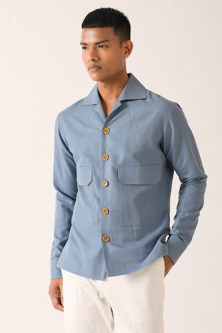 Buy Blue Cotton Linen Plain Flap Pocket Shirt For Men by Dhruv Vaish ...