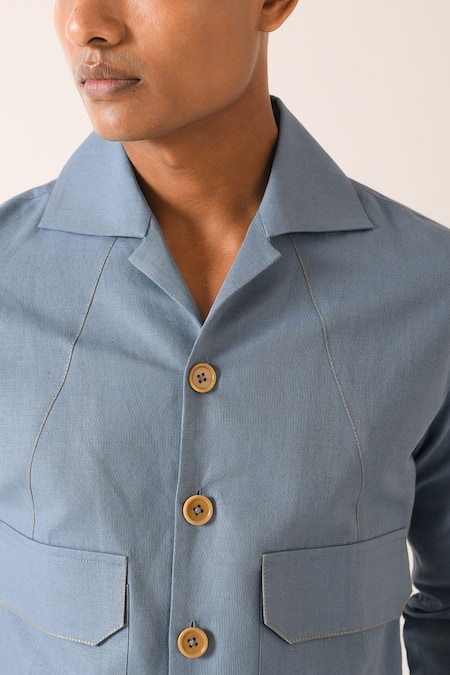 Dhruv Vaish_Blue Cotton Linen Flap Pocket Shirt _Online_at_Aza_Fashions