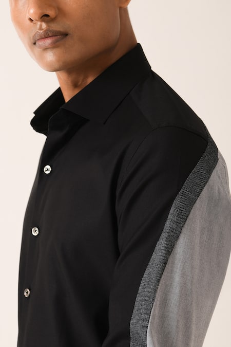 Buy_Dhruv Vaish_Black Cotton, Denim Color Block Shirt_Online_at_Aza_Fashions