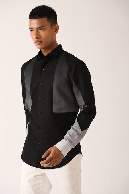 Dhruv Vaish Black Cotton Linen Printed Gradient Shirt  