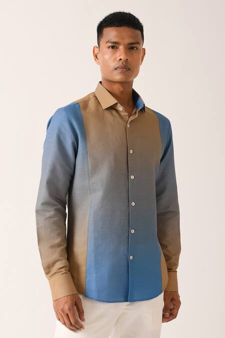 Dhruv Vaish_Blue Cotton Linen Ombre Shirt_Online_at_Aza_Fashions