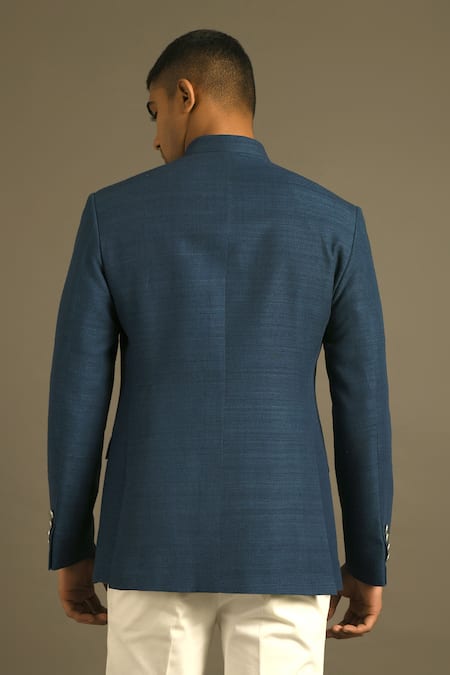 Shop_Dhruv Vaish_Blue Silk Panelled Bandhgala _at_Aza_Fashions