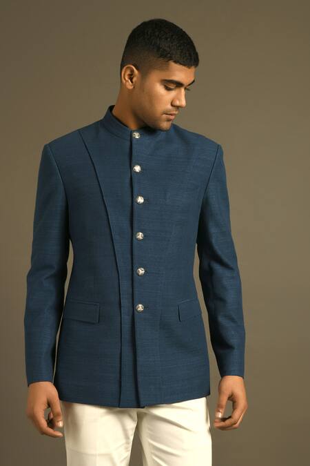 Dhruv Vaish_Blue Silk Panelled Bandhgala _Online_at_Aza_Fashions