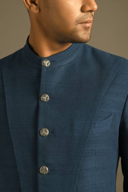 Buy_Dhruv Vaish_Blue Silk Panelled Bandhgala _Online_at_Aza_Fashions