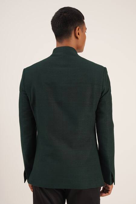 Shop Dhruv Vaish Green Silk Pintuck High Neck Bandhgala at Aza Fashions Shop_Dhruv Vaish_Green Silk Pintuck High Neck Bandhgala_at_Aza_Fashions