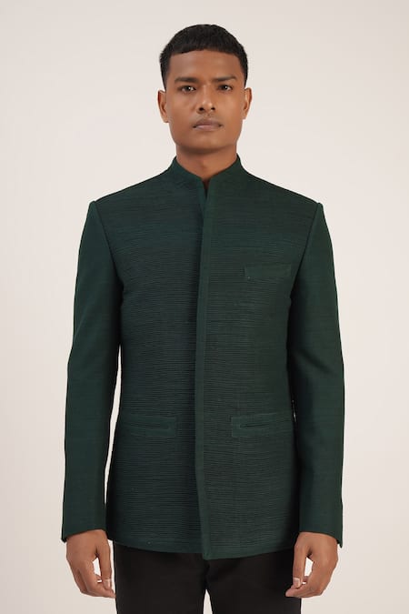Dhruv Vaish Green Silk Pintuck High Neck Bandhgala Online at Aza Fashions Dhruv Vaish_Green Silk Pintuck High Neck Bandhgala_Online_at_Aza_Fashions