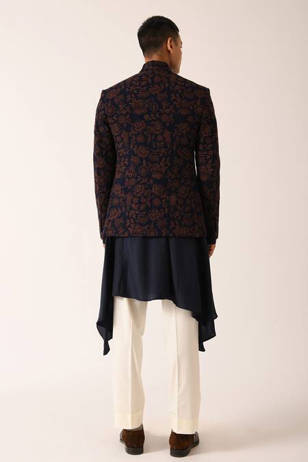 Shop Dhruv Vaish Blue Silk Embroidered Floral Motifs Bandhgala at Aza Fashions Shop_Dhruv Vaish_Blue Silk Embroidered Floral Motifs Bandhgala_at_Aza_Fashions