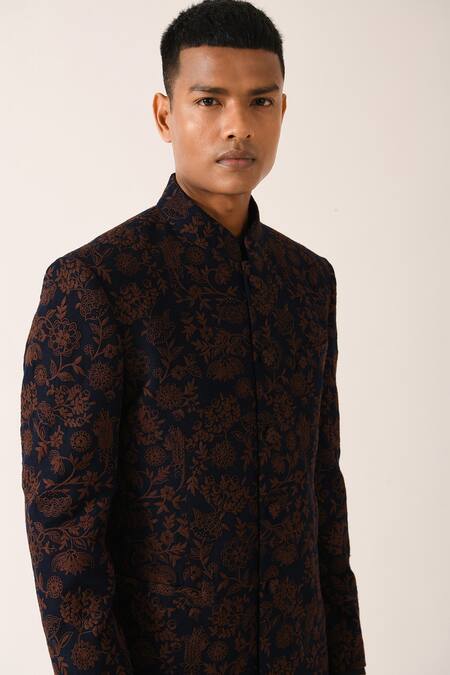 Dhruv Vaish Blue Silk Embroidered Floral Motifs Bandhgala Online at Aza Fashions Dhruv Vaish_Blue Silk Embroidered Floral Motifs Bandhgala_Online_at_Aza_Fashions