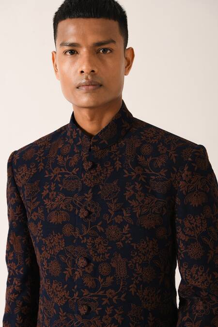 Buy Dhruv Vaish Blue Silk Embroidered Floral Motifs Bandhgala Online at Aza Fashions Buy_Dhruv Vaish_Blue Silk Embroidered Floral Motifs Bandhgala_Online_at_Aza_Fashions