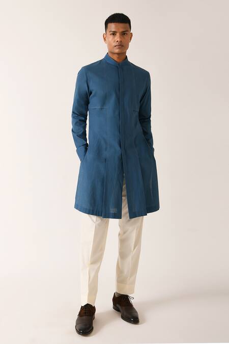 Dhruv Vaish Blue Handloom Cotton Kurta Set Online at Aza Fashions Dhruv Vaish_Blue Handloom Cotton Kurta Set _Online_at_Aza_Fashions