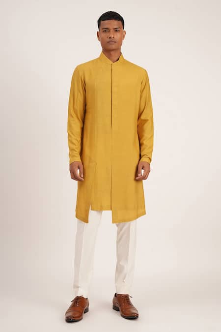 Dhruv Vaish_Yellow Cotton Silk Asymmetric Kurta Set_Online_at_Aza_Fashions