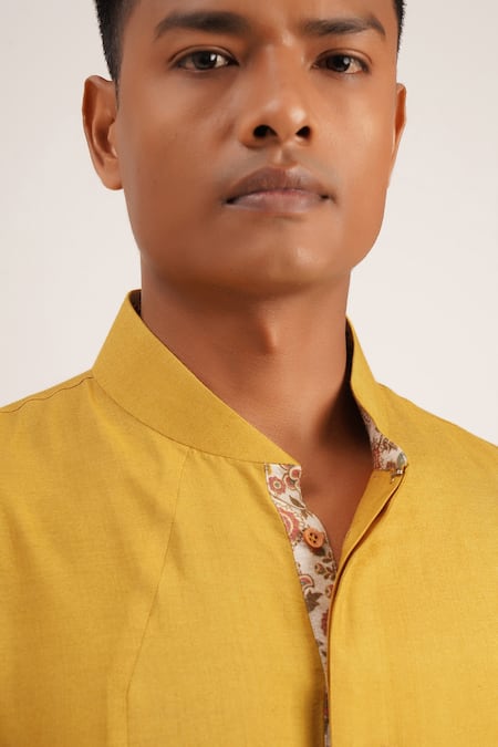 Buy_Dhruv Vaish_Yellow Cotton Silk Asymmetric Kurta Set_Online_at_Aza_Fashions