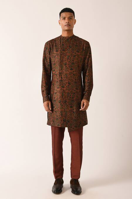 Dhruv Vaish Brown Cotton Silk Printed Kurta Set Online at Aza Fashions Dhruv Vaish_Brown Cotton Silk Printed Kurta Set_Online_at_Aza_Fashions