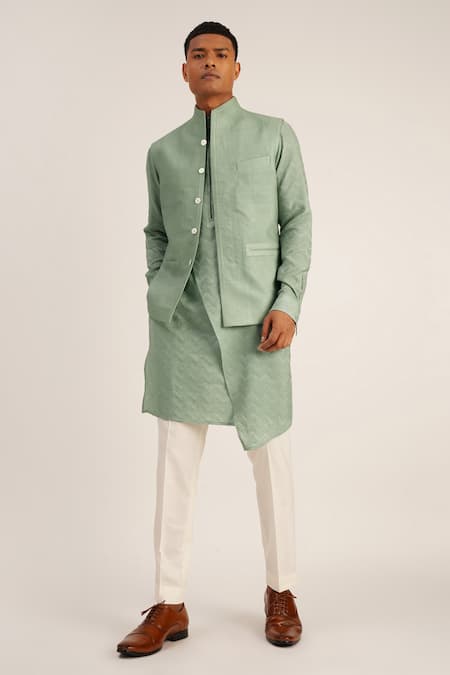 Dhruv Vaish Green Textured Cotton Silk High Neck Jawahar Jacket  