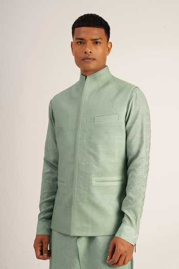 Dhruv Vaish_Green Textured Cotton Silk High Neck Jawahar Jacket _Online_at_Aza_Fashions