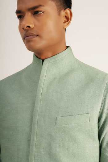 Buy_Dhruv Vaish_Green Textured Cotton Silk High Neck Jawahar Jacket _Online_at_Aza_Fashions