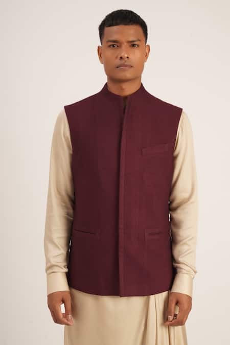 Dhruv Vaish_Purple Textured Cotton Silk High Neck Jawahar Jacket_Online_at_Aza_Fashions