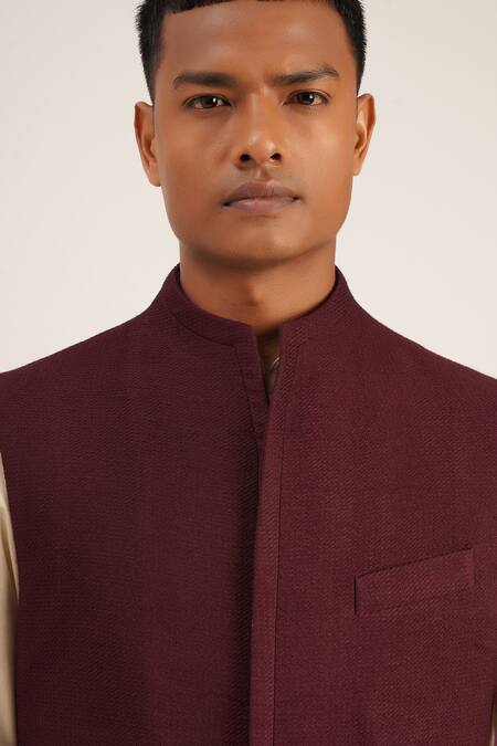 Buy_Dhruv Vaish_Purple Textured Cotton Silk High Neck Jawahar Jacket_Online_at_Aza_Fashions