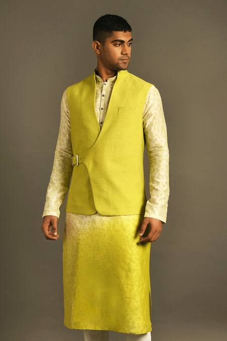 Shop Dhruv Vaish Green Cotton Silk Overlap Bundi Online at Aza Fashions Shop_Dhruv Vaish_Green Cotton Silk Overlap Bundi _Online_at_Aza_Fashions