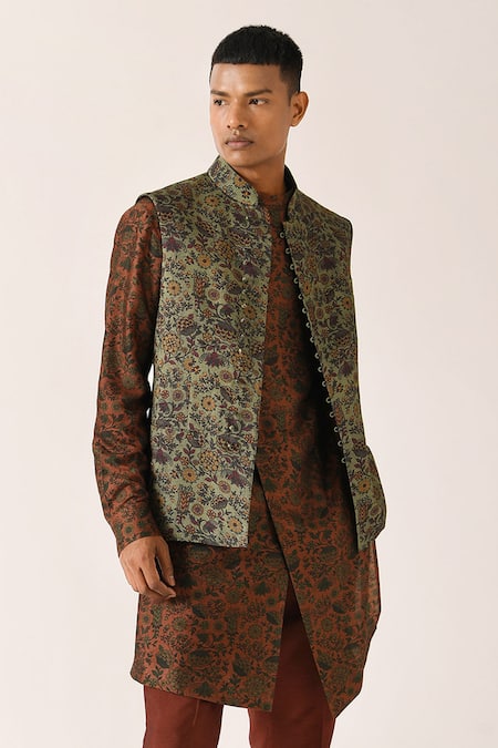 Shop_Dhruv Vaish_Green Cotton Silk Printed Bundi _at_Aza_Fashions