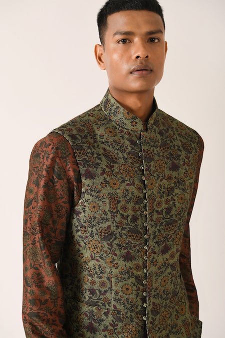 Dhruv Vaish_Green Cotton Silk Printed Bundi _Online_at_Aza_Fashions