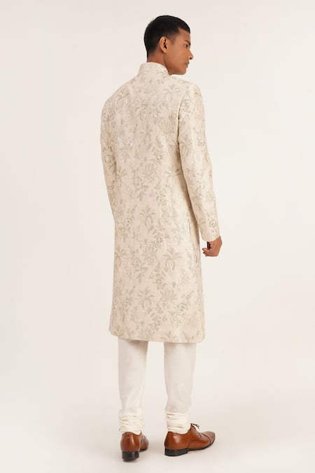 Shop_Dhruv Vaish_Silver Silk Embroidered Floral Sherwani Set  _at_Aza_Fashions