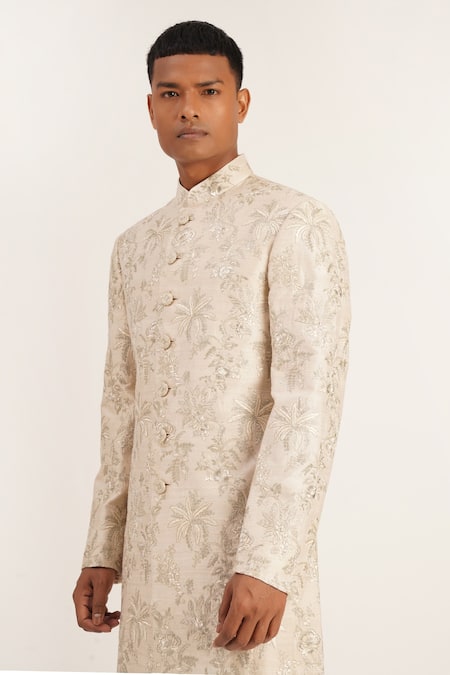 Dhruv Vaish_Silver Silk Embroidered Floral Sherwani Set  _Online_at_Aza_Fashions