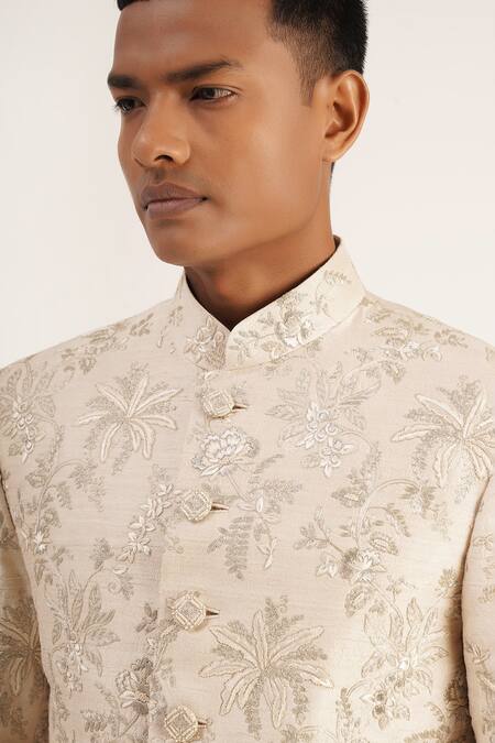Buy_Dhruv Vaish_Silver Silk Embroidered Floral Sherwani Set  _Online_at_Aza_Fashions