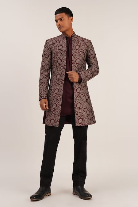 Dhruv Vaish Purple Raw Silk Embroidered Floral Front Open Sherwani  