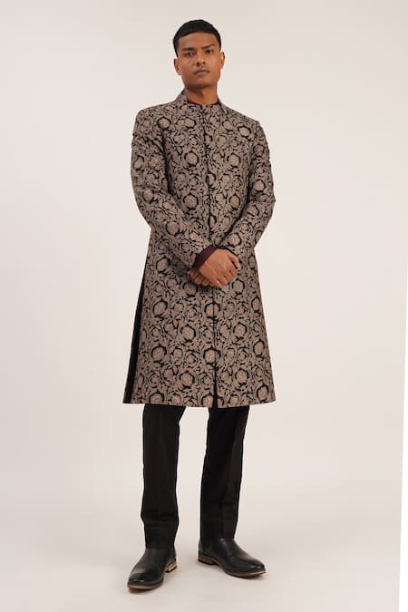 Dhruv Vaish_Black Raw Silk Floral Sherwani Set _Online_at_Aza_Fashions
