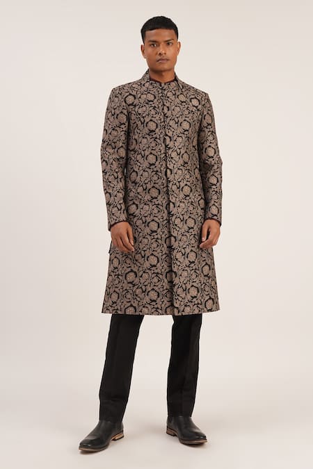 Buy_Dhruv Vaish_Black Raw Silk Floral Sherwani Set _Online_at_Aza_Fashions
