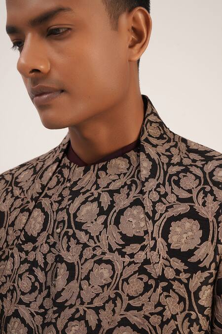 Shop_Dhruv Vaish_Black Raw Silk Floral Sherwani Set _Online_at_Aza_Fashions