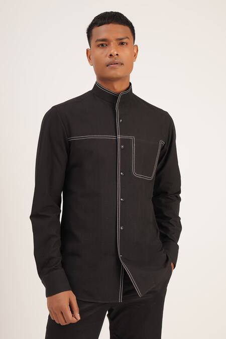 Dhruv Vaish Black Handloom Cotton High Neck Shirt  