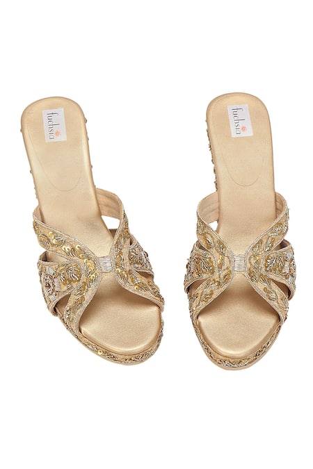 Shop_Fuchsia_Gold Embroidery Floral Wedges _at_Aza_Fashions