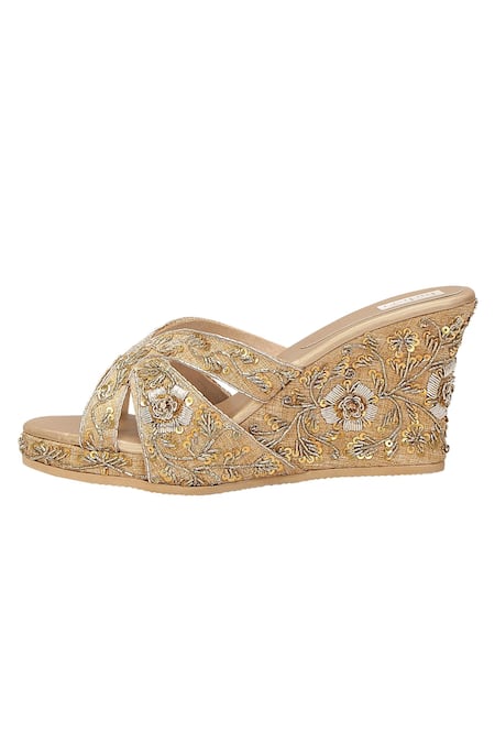 Buy_Fuchsia_Gold Embroidery Floral Wedges _Online_at_Aza_Fashions