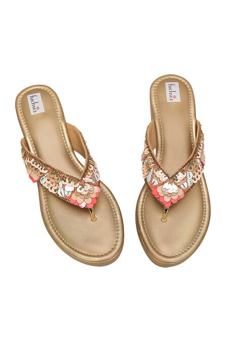 Shop Fuchsia by aashaka mehta Gold Sequins, Beads Embellished T Strap Wedges at Aza Fashions Shop_Fuchsia by aashaka mehta_Gold Sequins, Beads Embellished T Strap Wedges _at_Aza_Fashions