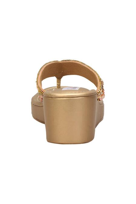 Fuchsia by aashaka mehta Gold Sequins, Beads Embellished T Strap Wedges Online at Aza Fashions Fuchsia by aashaka mehta_Gold Sequins, Beads Embellished T Strap Wedges _Online_at_Aza_Fashions