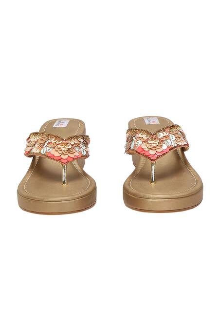 Shop Fuchsia by aashaka mehta Gold Sequins, Beads Embellished T Strap Wedges Online at Aza Fashions Shop_Fuchsia by aashaka mehta_Gold Sequins, Beads Embellished T Strap Wedges _Online_at_Aza_Fashions