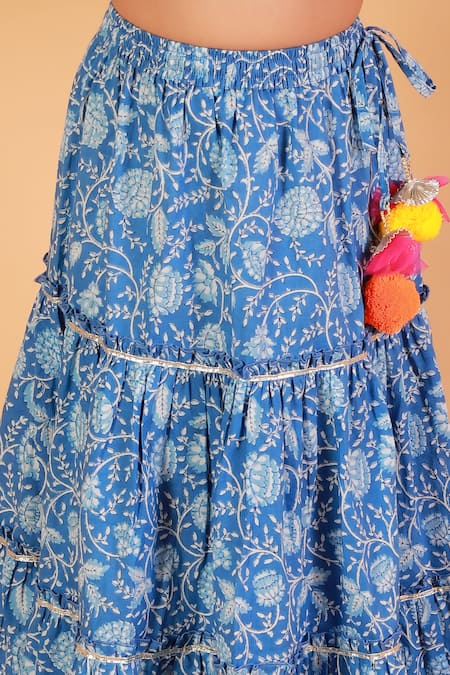 Lil Drama Blue Cotton Tassels Jaipuri Floral Print Lehenga Set at Aza Fashions Lil Drama_Blue Cotton Tassels Jaipuri Floral Print Lehenga Set _at_Aza_Fashions