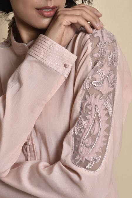 Shop_Kanika Sharma_Pink Cotton Band Collar Embroidered Kurta Pant Set _Online_at_Aza_Fashions