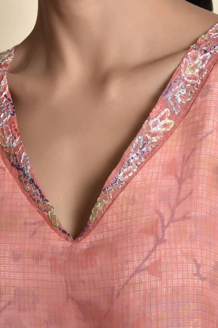 Shop_Kanika Sharma_Pink Kurta Kota Pant Modal V Neck Floral Printed Set _Online_at_Aza_Fashions