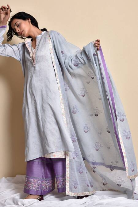 Kanika Sharma_Blue Kurta And Pant Chanderi Inner Modal Dupatta Kota Kurta Band Collar Set _Online_at_Aza_Fashions