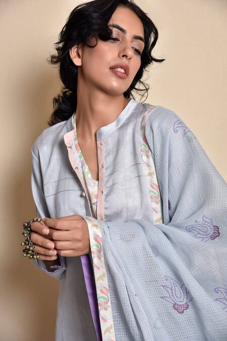 Buy_Kanika Sharma_Blue Kurta And Pant Chanderi Inner Modal Dupatta Kota Kurta Band Collar Set _Online_at_Aza_Fashions