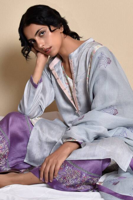 Shop_Kanika Sharma_Blue Kurta And Pant Chanderi Inner Modal Dupatta Kota Kurta Band Collar Set _Online_at_Aza_Fashions