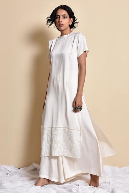 Kanika Sharma_White Doby Pant , Kurta Band Collar Embroidered Palazzo Set _Online_at_Aza_Fashions