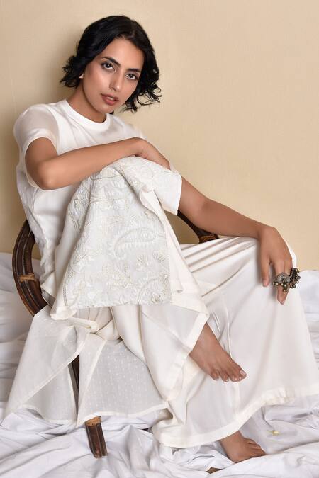 Buy_Kanika Sharma_White Doby Pant , Kurta Band Collar Embroidered Palazzo Set _Online_at_Aza_Fashions