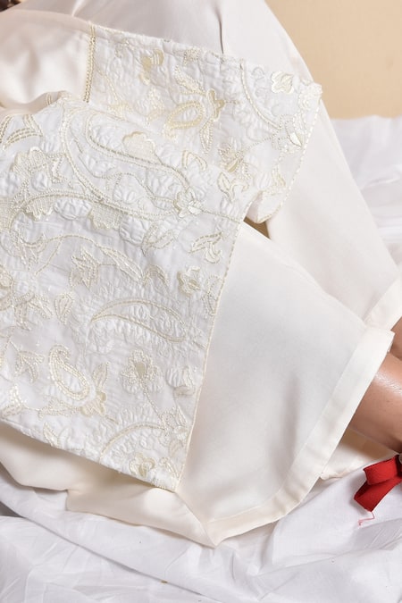 Kanika Sharma_White Doby Pant , Kurta Band Collar Embroidered Palazzo Set _at_Aza_Fashions